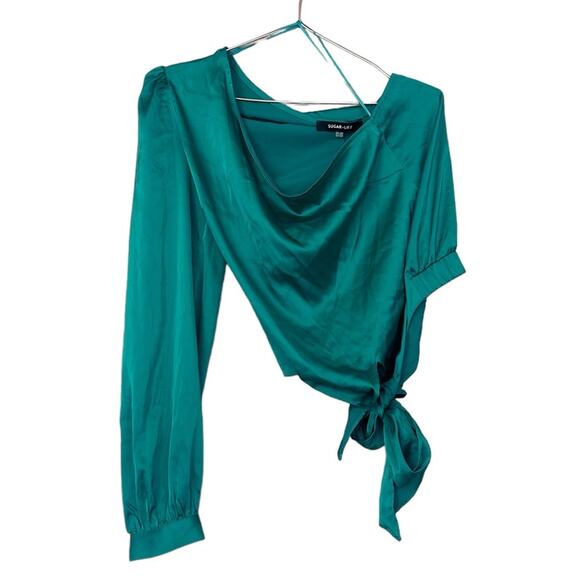 Sugar + Lips green one shoulder silky blouse new with tag size small - Picture 1 of 6